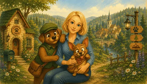 Christelle Thirion, auteure des lettres de Joe et Auguste, à son secrétaire en compagnie des deux chiens