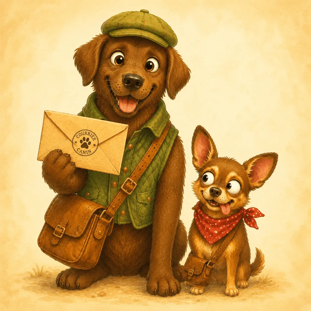 Portrait de Joe et Auguste, les deux chiens chocolat en tenue de facteurs