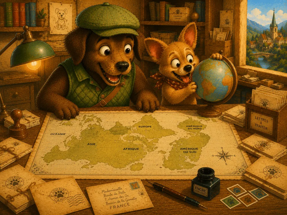 Joe et Auguste devant une carte du monde, préparant leurs futures tournées internationales avec un globe terrestre, des enveloppes et une plume