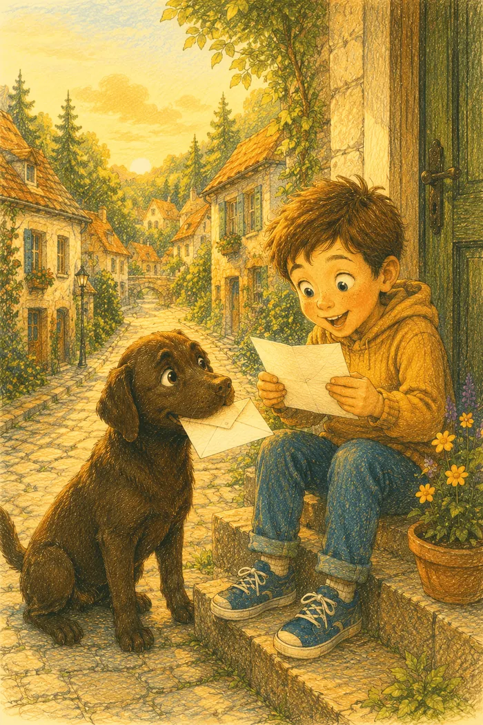 Joe, le labrador chocolat, apporte une lettre tombée d'un sac de postier à un enfant du village de la Vallée des Sapins